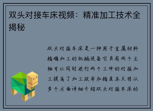 双头对接车床视频：精准加工技术全揭秘